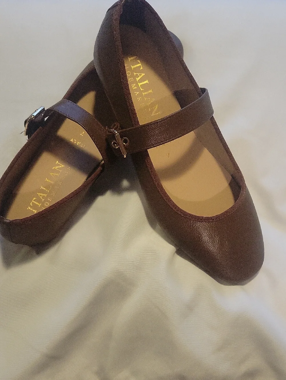 Size 7 Italian Shoemakers Brown Mary Jane Flats with Gold Logo - Picture 1 of 7